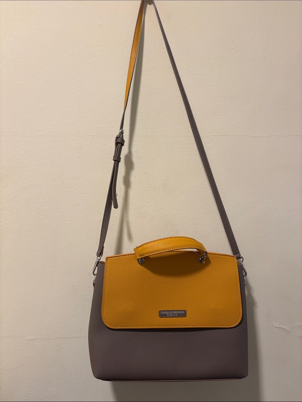 Two-Tone Mustard and Taupe Crossbody Bag with Top Handle